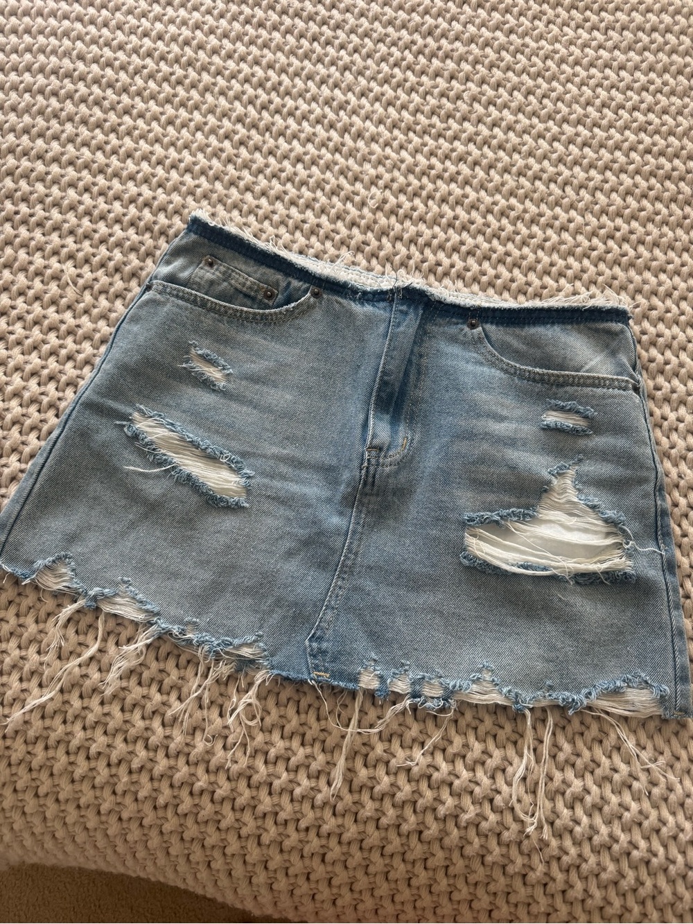 Signature Light Blue Distressed Denim Mini Skirt